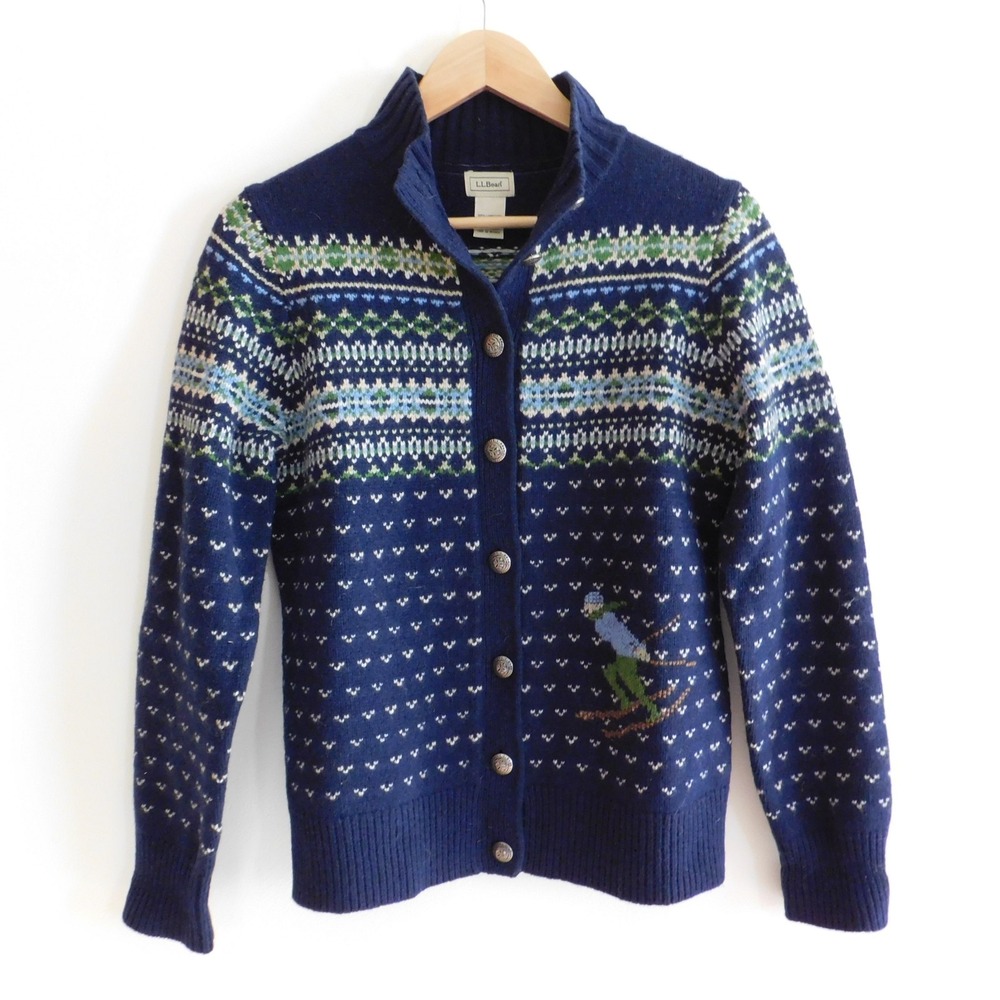 LL Bean Womens Cardigan Sweater Lambs Wool Cardigan Nordic Fair Isle Birds Eye
